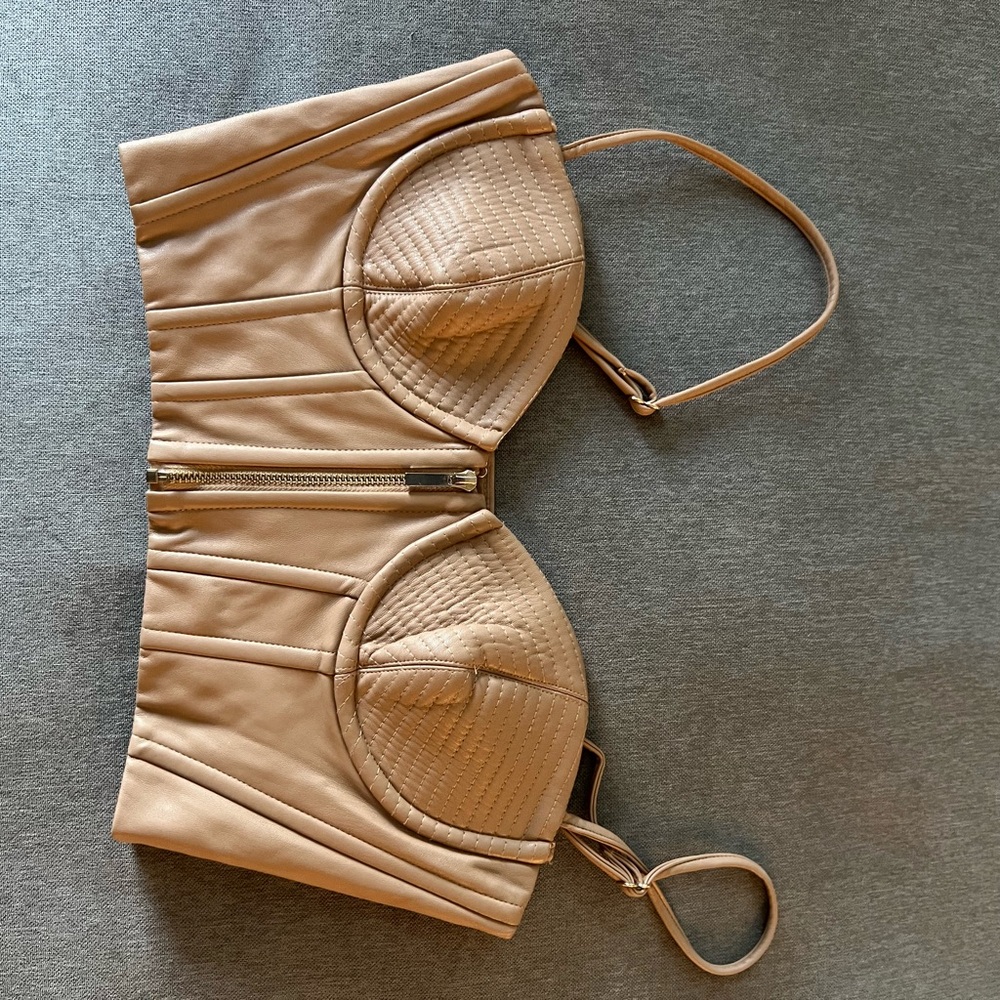 Oh Polly Beige leather crop top with Front Zipper
